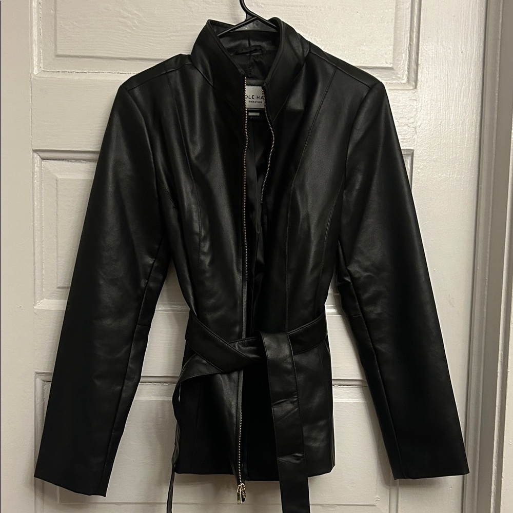 Cole Haan Black Faux Leather Belted Jacket